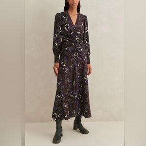ME+EM Wild Meadow Print Ruched Satin Maxi Dress in Black & Purple